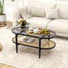 2-tier coffee table with tempered glass top and acacia wood frame, showcasing a close-up of the elegant rattan shelf.