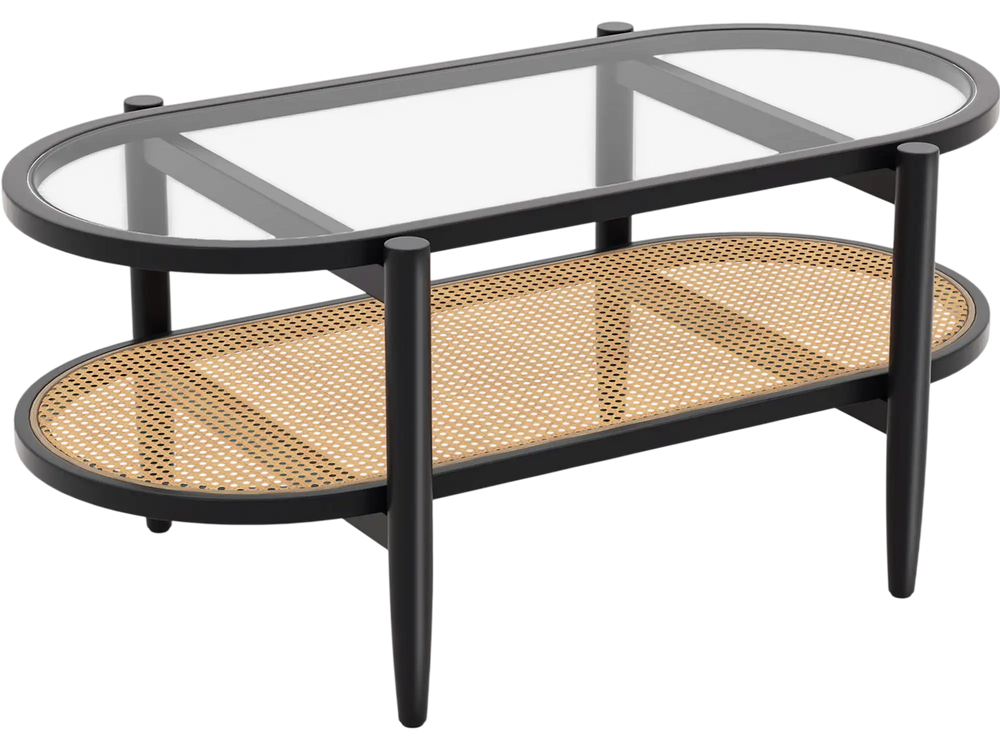 2-tier coffee table with tempered glass top and acacia wood frame, featuring a rattan shelf for versatile storage.