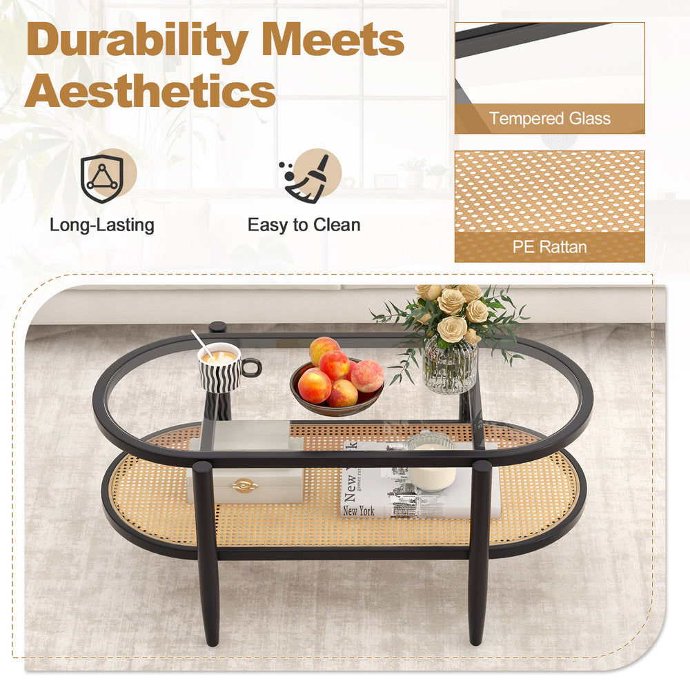 2-tier coffee table with tempered glass top and acacia wood frame, featuring PE rattan shelves for versatile storage.