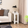 Compact white 2-tier end table with storage shelf, perfect for small spaces in living rooms or bedrooms.