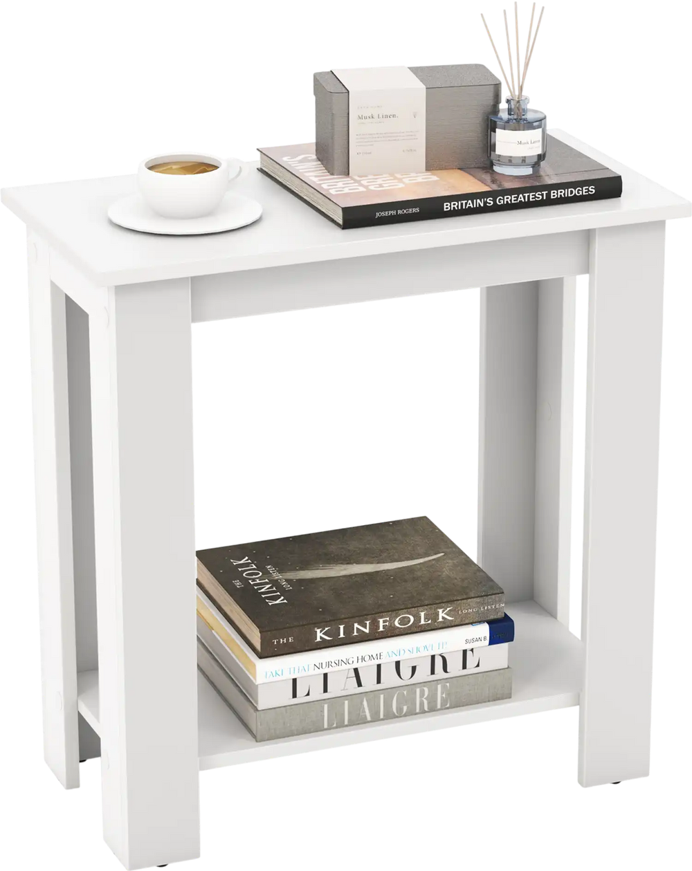 White 2-tier modern end table with storage shelf, showcasing sturdy legs and sleek design for versatile placement.