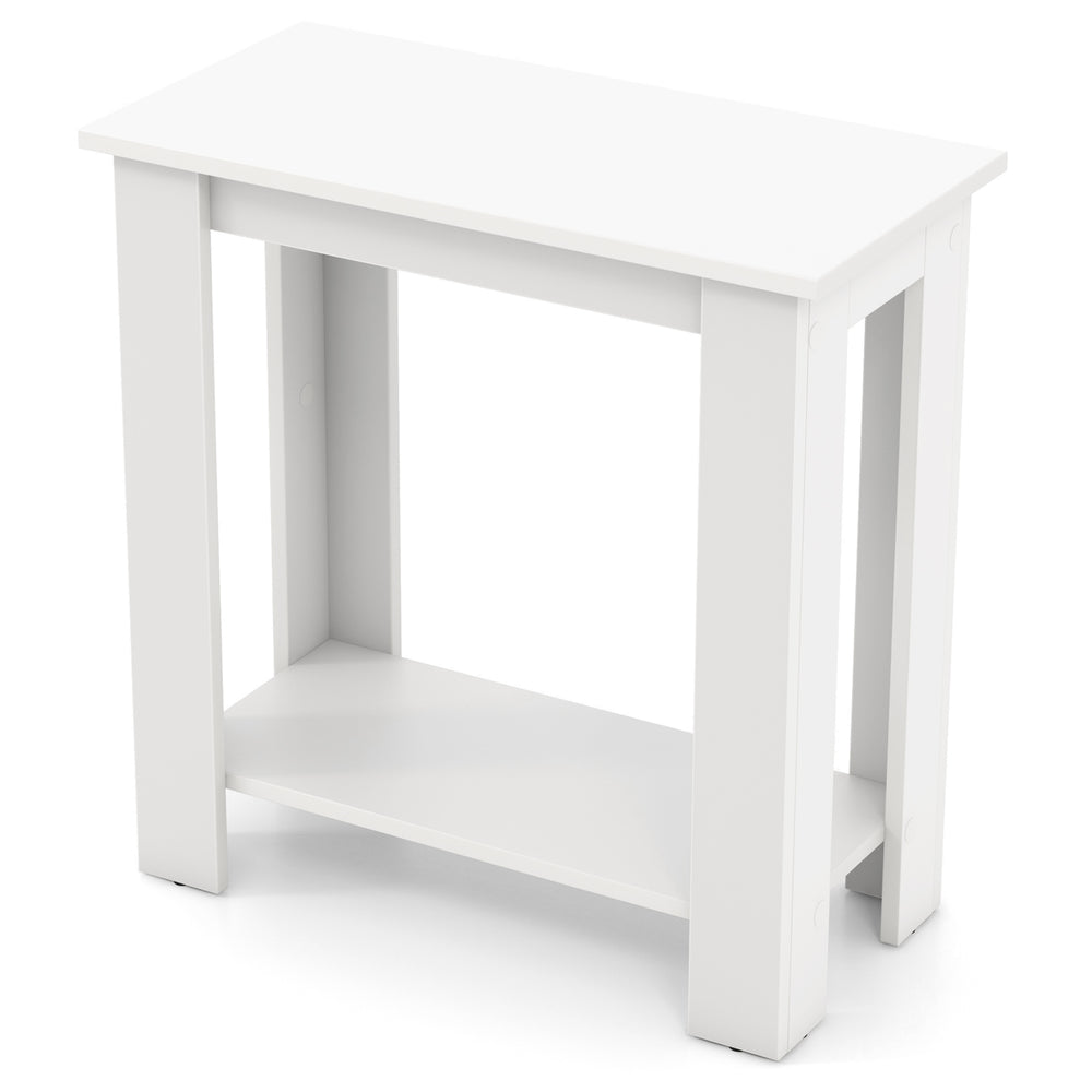 Compact white 2-tier end table with storage shelf, perfect for small spaces in living room or bedroom.