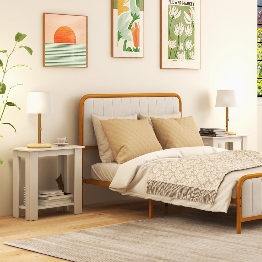 Compact 2-tier modern end table in white with storage shelf, perfect as a nightstand or sofa table for small spaces.