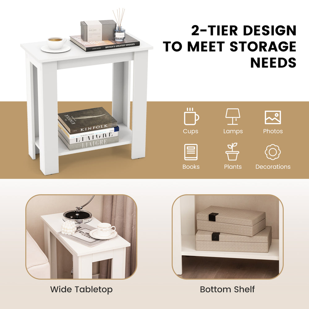 White 2-tier end table with a wide tabletop and bottom shelf, perfect for storing books and decorative items.