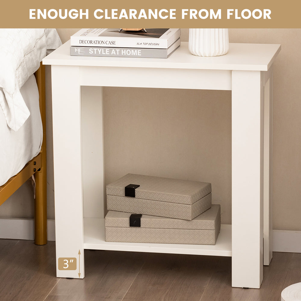 Compact white 2-tier end table with storage shelf, featuring 3-inch floor clearance for versatile use in small spaces.