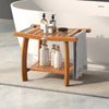 Teak wood shower bench with curved seat, double-layer shelf, and stainless steel handles, perfect for bathroom storage.