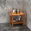 Teak wood shower bench with curved seat and handles, featuring a double-layer shelf for storage and stainless steel.