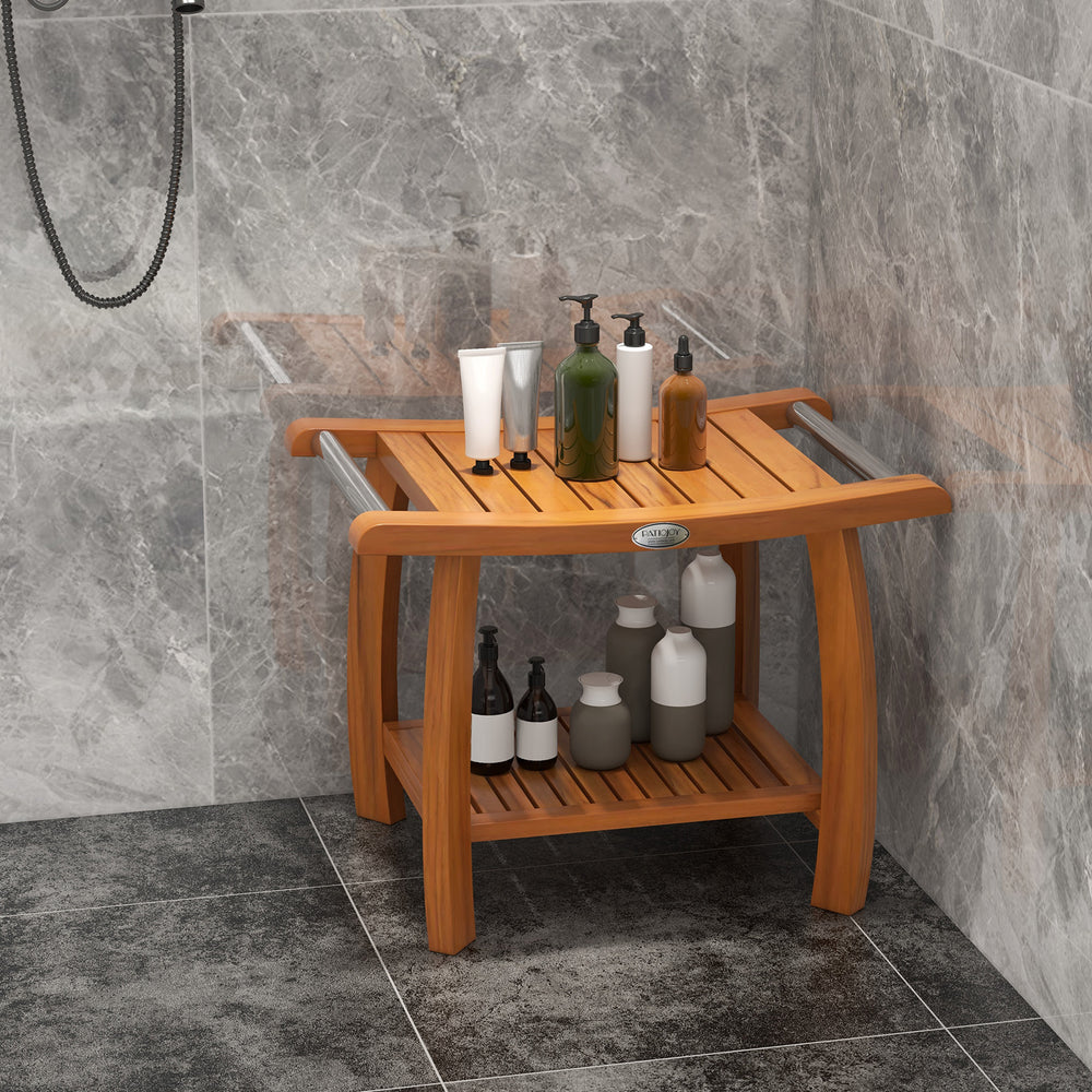 Teak wood shower bench with curved seat and handles, featuring a double-layer shelf for storage and stainless steel.
