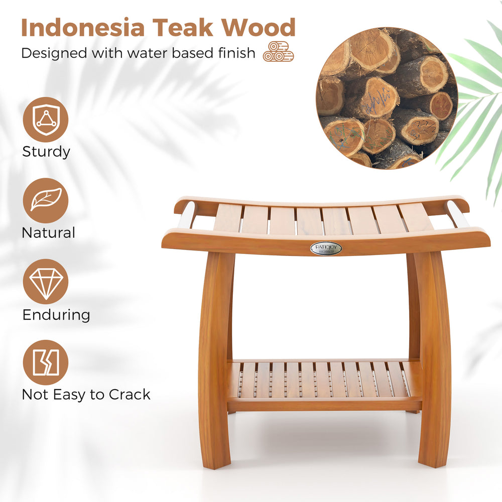 2-tier teak wood shower bench with curved seat and handles, featuring a ventilated slatted surface for drainage.