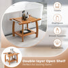 2-tier teak wood shower bench with curved seat, stainless steel handles, and open shelf for bathroom storage.
