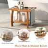 2-tier teak wood shower bench with curved seat, stainless steel handles, ideal for bathrooms and entryways.