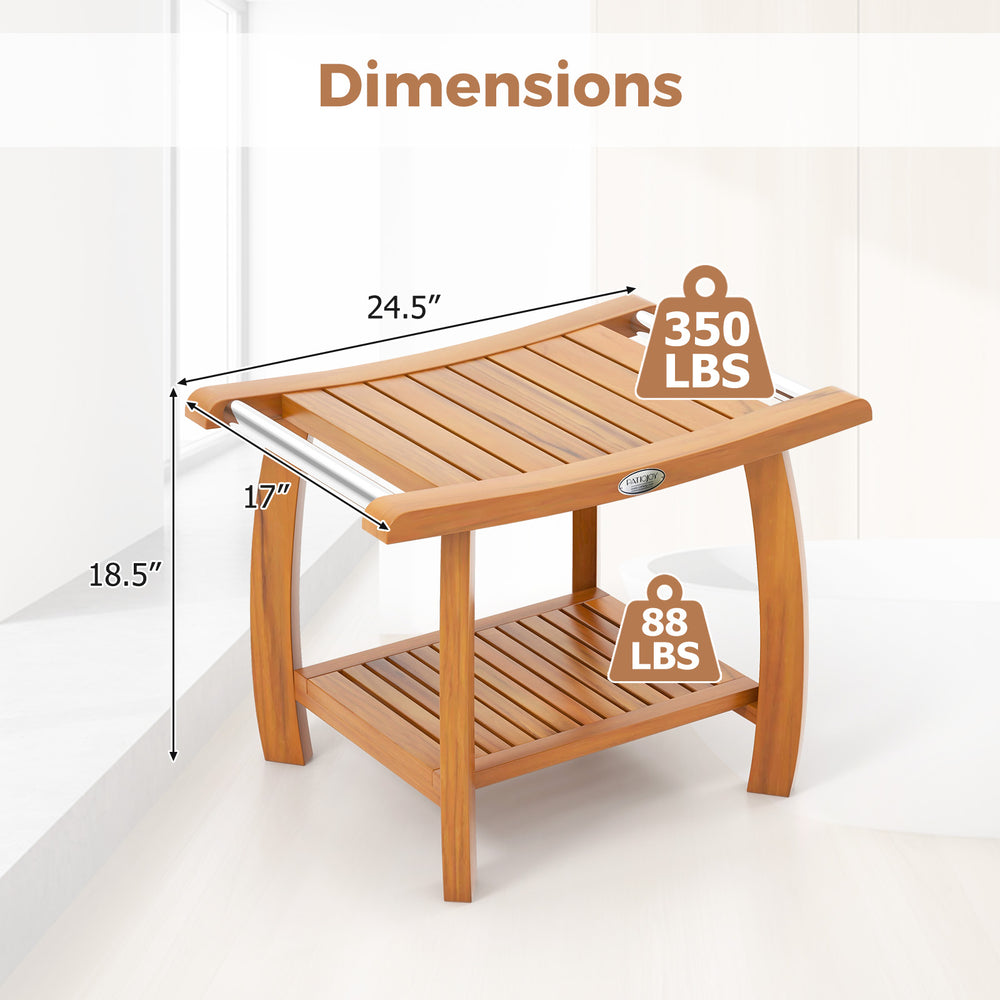 2-Tier teak wood shower bench with curved seat, stainless steel handles, and dimensions for versatile indoor use.