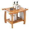 Teak wood shower bench with curved seat, double-layer shelf, and stainless steel towel rack for versatile storage.