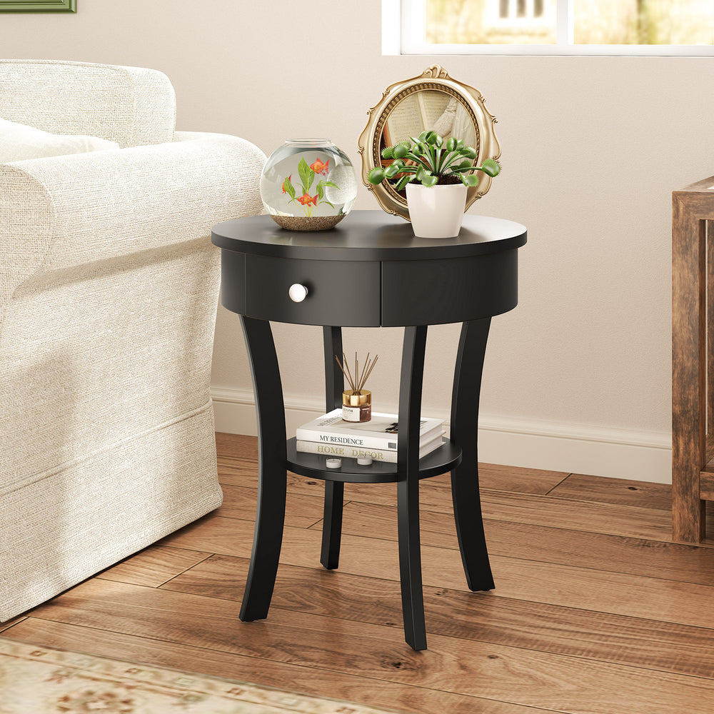 Elegant black round end table with a smooth waterproof surface, featuring an open drawer and shelf for versatile.