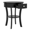 Round black end table with open drawer and shelf, made of MDF, perfect for bedside or living room use.