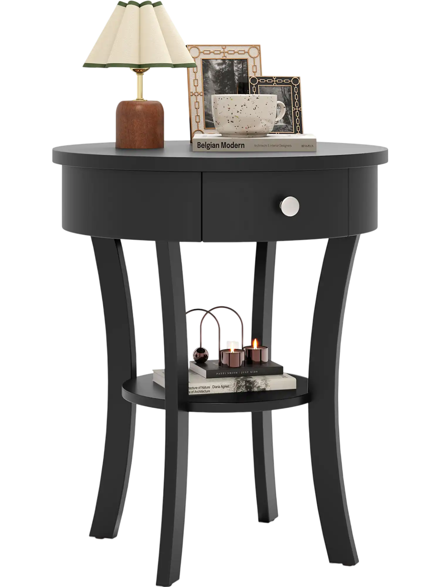 Costway 2-Tier Round Wood End Table w/ Open Drawer 93541276 New