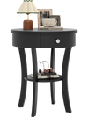 Round black end table with open drawer and shelf, made of MDF, perfect for bedside or living room storage.