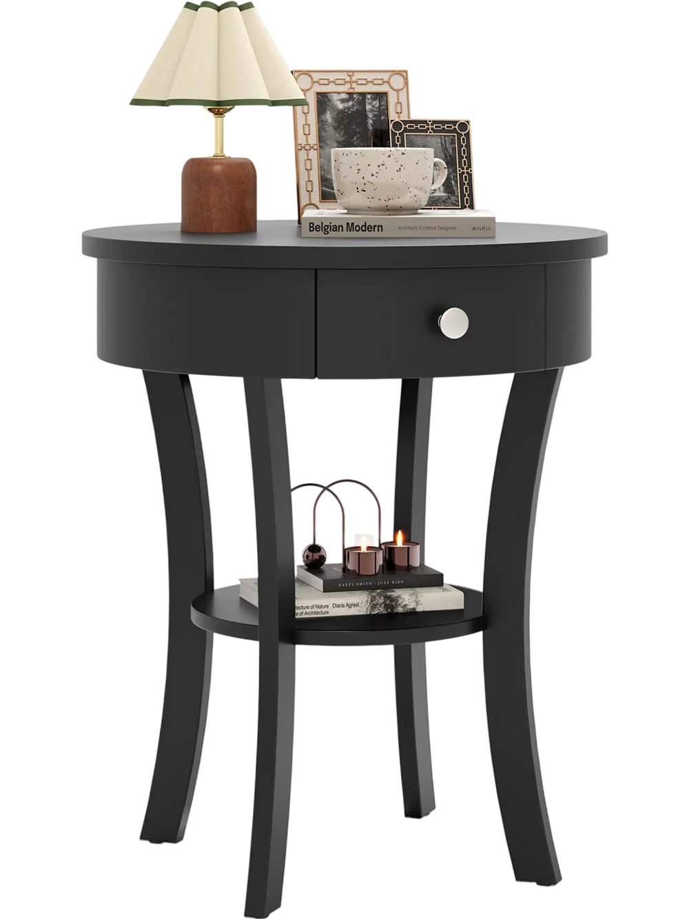 Round black end table with open drawer and shelf, made of MDF, perfect for bedside or living room storage.