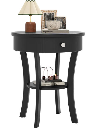 Costway 2-Tier Round Wood End Table w/ Open Drawer 93541276 New