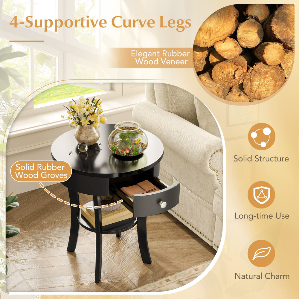 Round black end table featuring a drawer and open shelf, made of MDF for stable support, ideal for versatile home use.