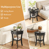 Round black end table with open drawer and shelf, perfect for living room, bedroom, or study use.