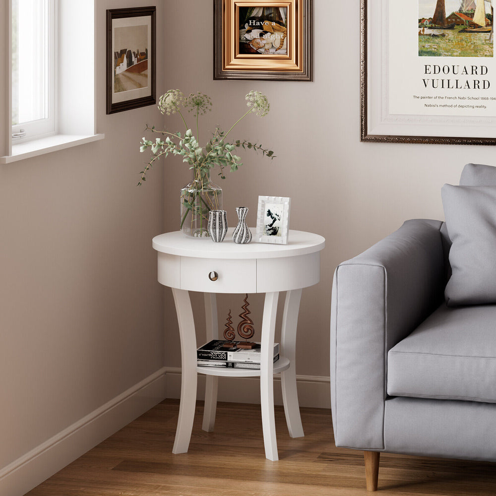 2-Tier Wood Round End Table with Open Drawer-White - Gallery View 1 of 10