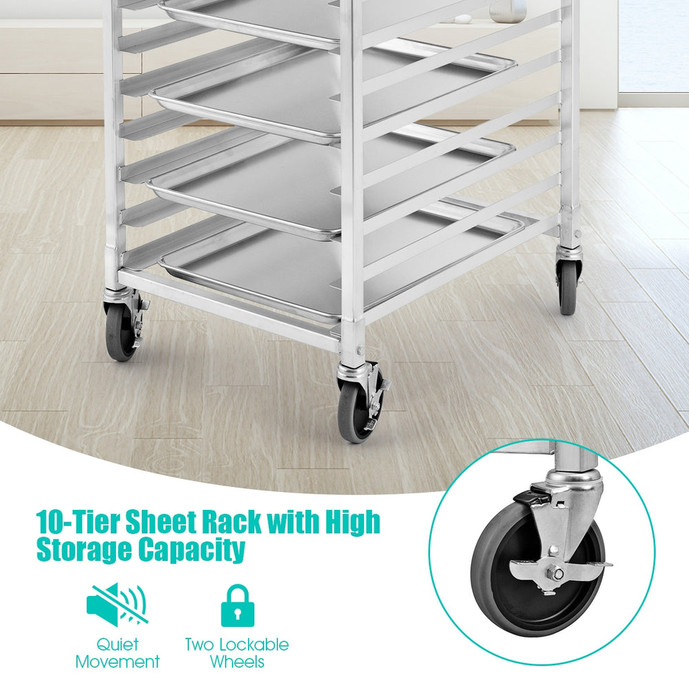 10-tier aluminum rolling bakery pan rack with smooth edges, featuring lockable wheels for easy mobility and storage.