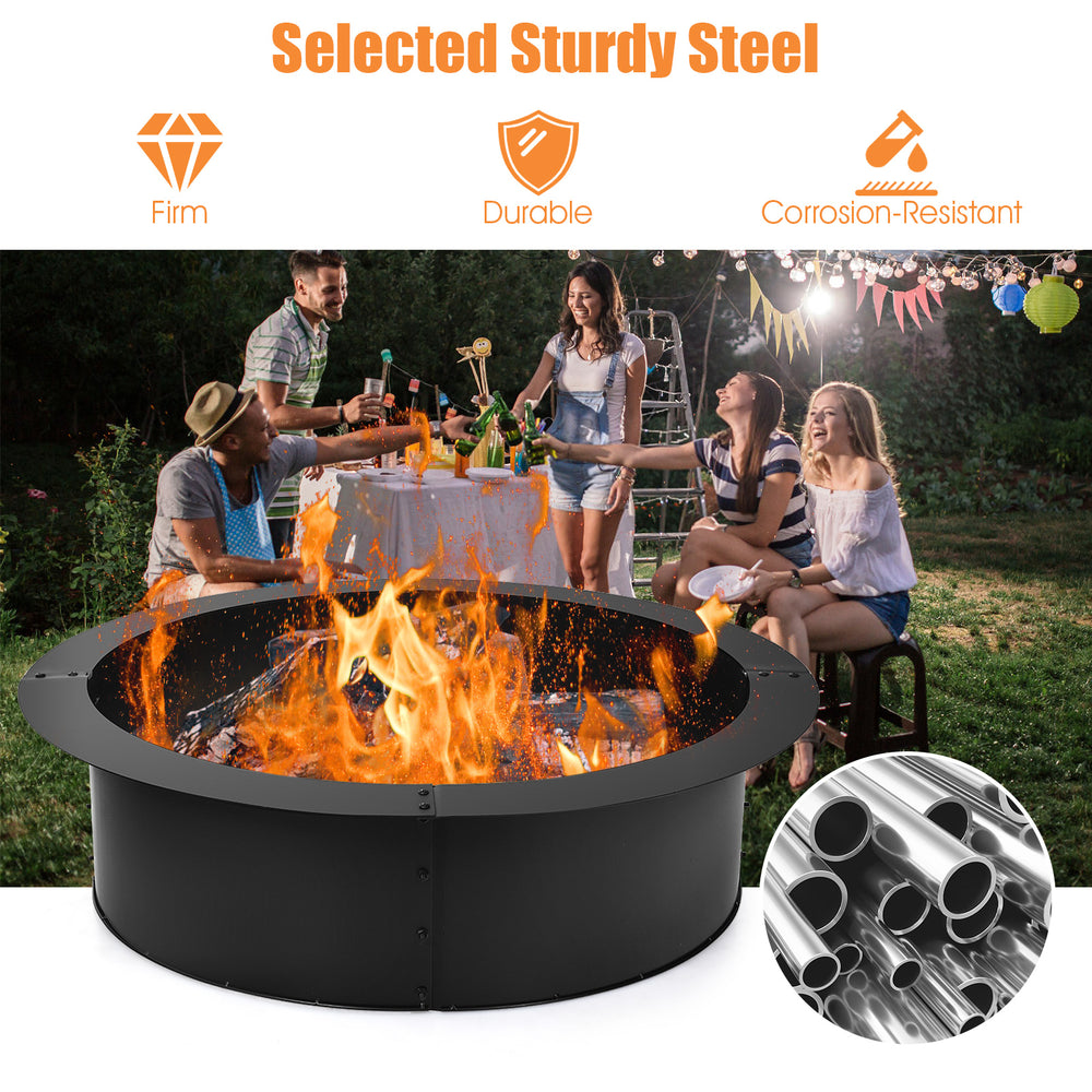36-inch round steel fire pit ring with a powder-coat surface, ideal for DIY outdoor use and creating a warm atmosphere.
