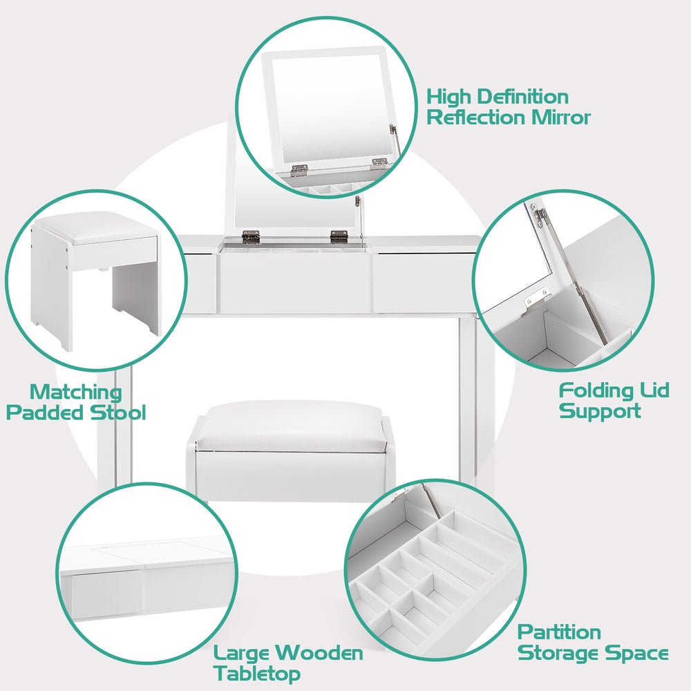 Vanity makeup dressing table set in white with flip-top mirror, cushioned stool, and ample storage for cosmetics.