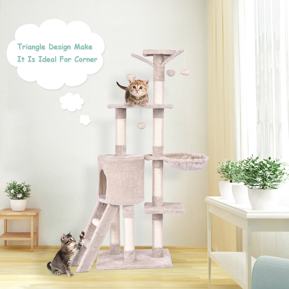 56-inch cat play tree with scratching posts, cozy hideaway, and two platforms, perfect for corner placement.