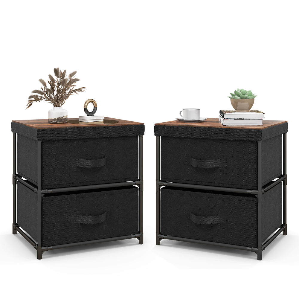 Set of 2 black nightstands featuring removable fabric bins, pull handles, and a stylish wood top for versatile storage.