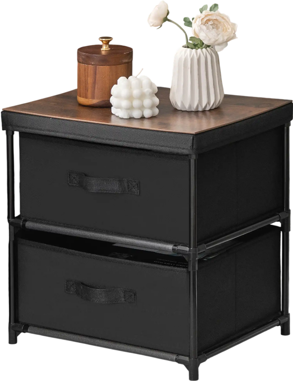 Two-drawer nightstand in black with removable fabric bins, perfect for stylish storage in bedrooms or living spaces.