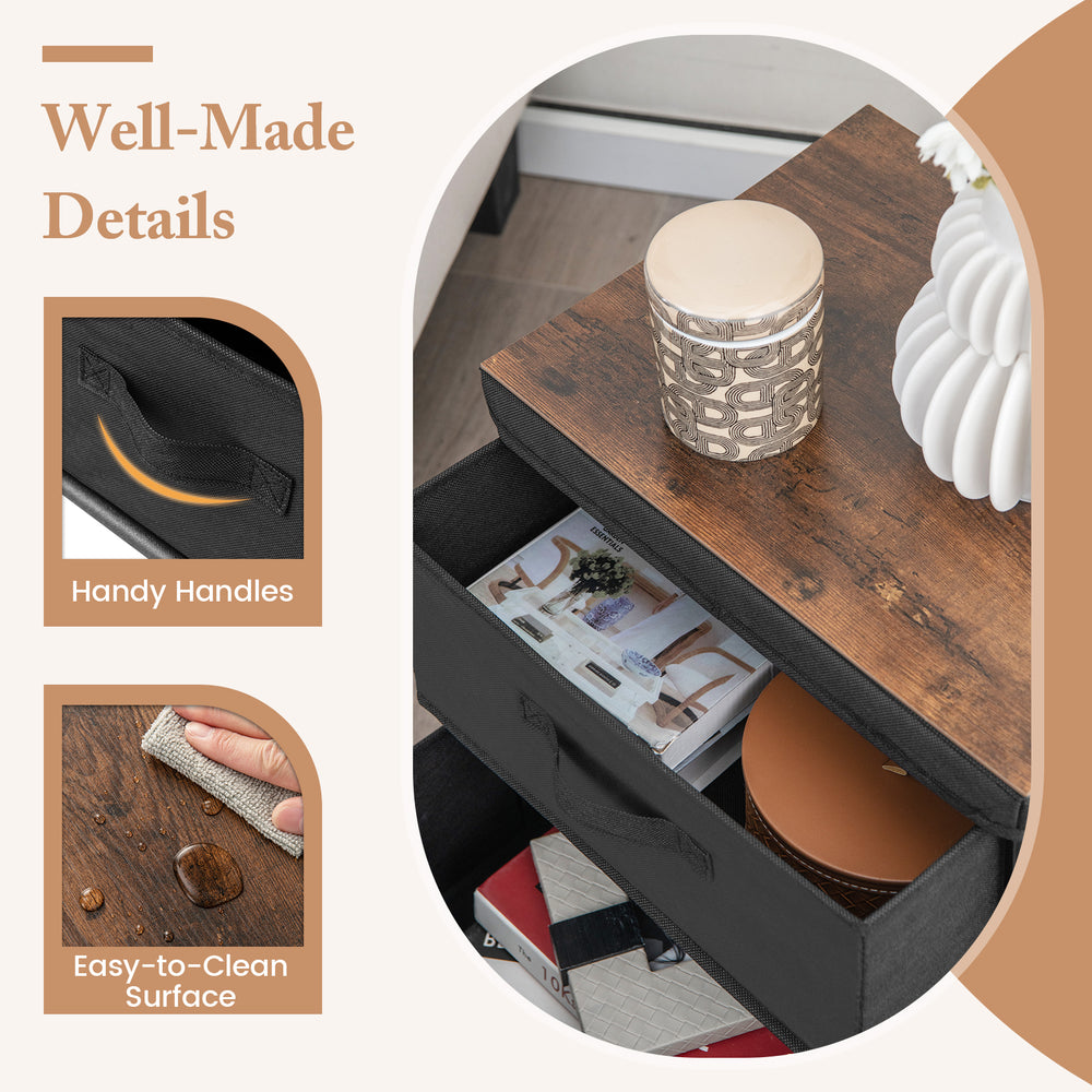 2-drawer nightstand with removable black fabric bins, featuring handy handles and an easy-to-clean surface for.