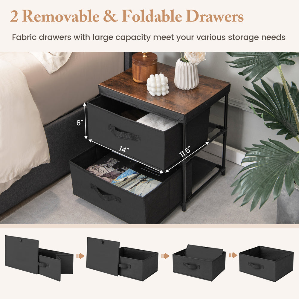 2-drawer nightstand with removable black fabric bins, featuring a wood top, ideal for bedroom or living room storage.