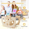 Natural wood 2-in-1 rocking horse arch for kids, promoting balance, motor skills, and safe play in various settings.