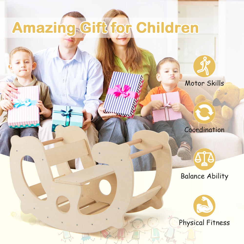 Natural wood 2-in-1 rocking horse arch for kids, promoting balance, motor skills, and safe play in various settings.