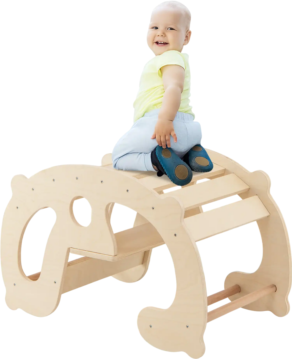 Montessori 2-in-1 rocking horse arch for kids, made of natural wood, featuring a supportive backrest and safe design.