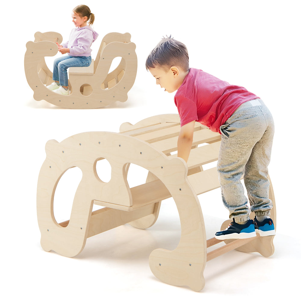 2-in-1 rocking horse and climbing arch for kids, made of natural wood, promoting balance and motor skills in playrooms.