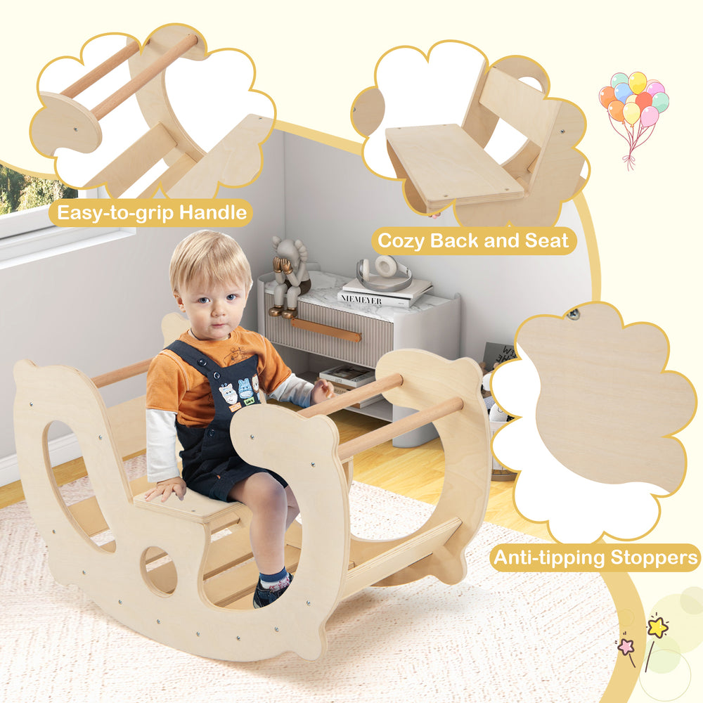 2-in-1 rocking horse with supportive backrest, easy-to-grip handle, and anti-tipping stoppers for safe play.