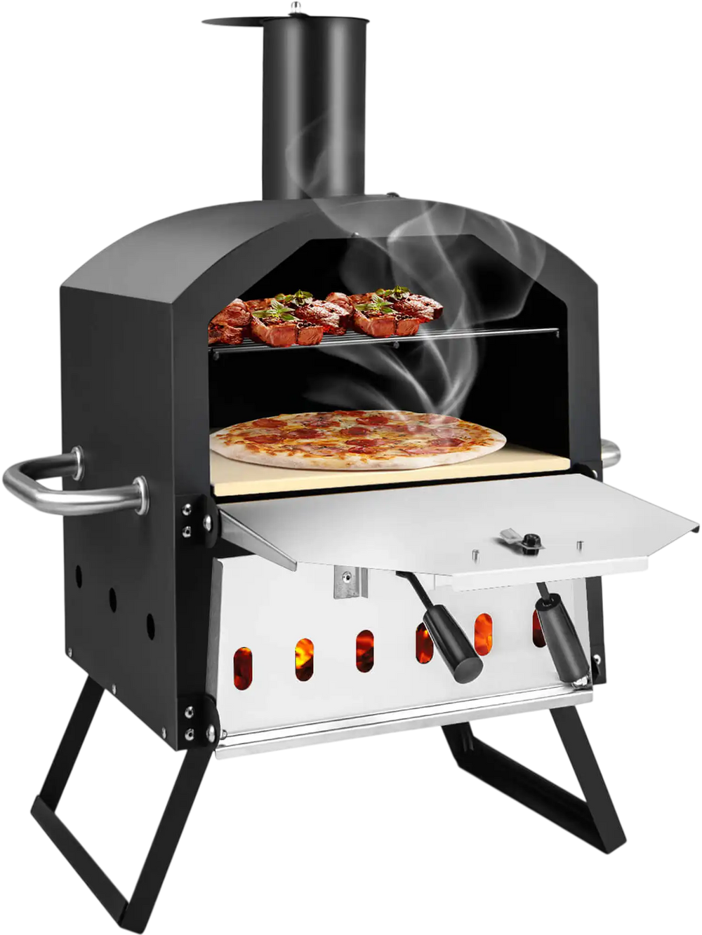 Outdoor pizza oven with foldable legs, cooking two pizzas at once, featuring anti-scalding handles for safe outdoor use.