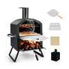 Outdoor pizza oven in black with foldable legs, cooking two pizzas, complete with accessories for outdoor cooking.