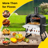 Outdoor pizza oven with foldable legs, cooking two pizzas at once, ideal for steaks and chicken wings, perfect for.