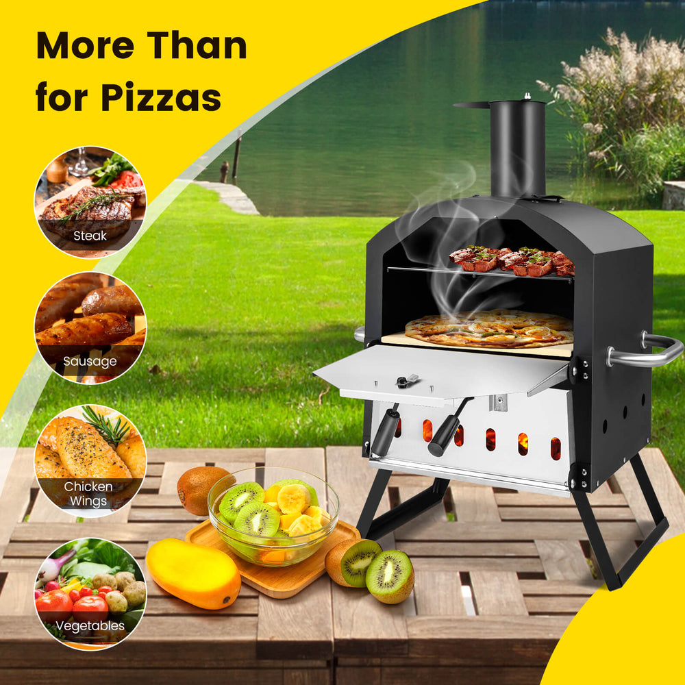 Outdoor pizza oven with foldable legs, cooking two pizzas at once, ideal for steaks and chicken wings, perfect for.