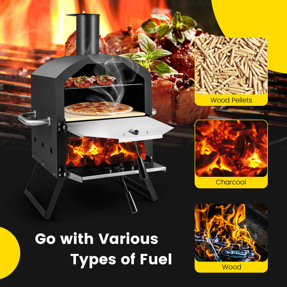Outdoor pizza oven with foldable legs, anti-scalding handles, and a rich cooking area for versatile fuel options.