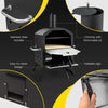 Outdoor pizza oven with removable chimney lid, stainless steel handles, and foldable legs for easy outdoor cooking.