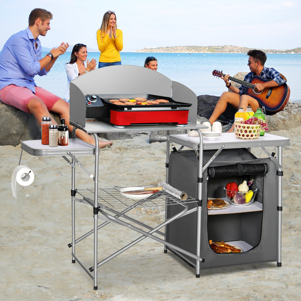 Foldable Outdoor BBQ Portable Grilling Table With Windscreen Bag-Gray - Gallery View 1 of 13