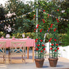 Two black garden obelisk trellises with climbing red roses, perfect for supporting various plants in your garden.