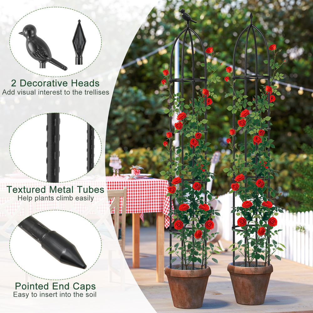 Two black garden obelisk trellises with decorative bird heads, designed for climbing plants and easy soil insertion.