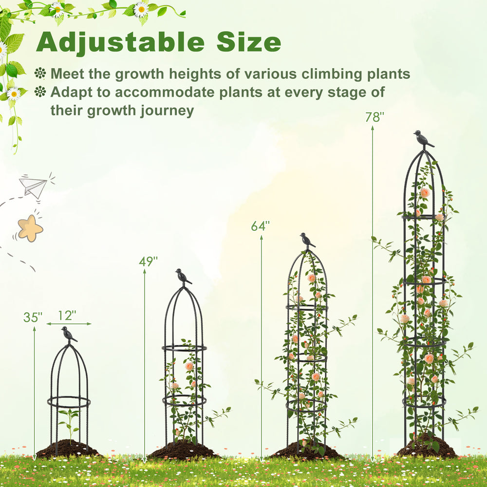 Adjustable garden obelisk trellis in black, featuring 4 height options for climbing plants, sturdy PE-coated metal.