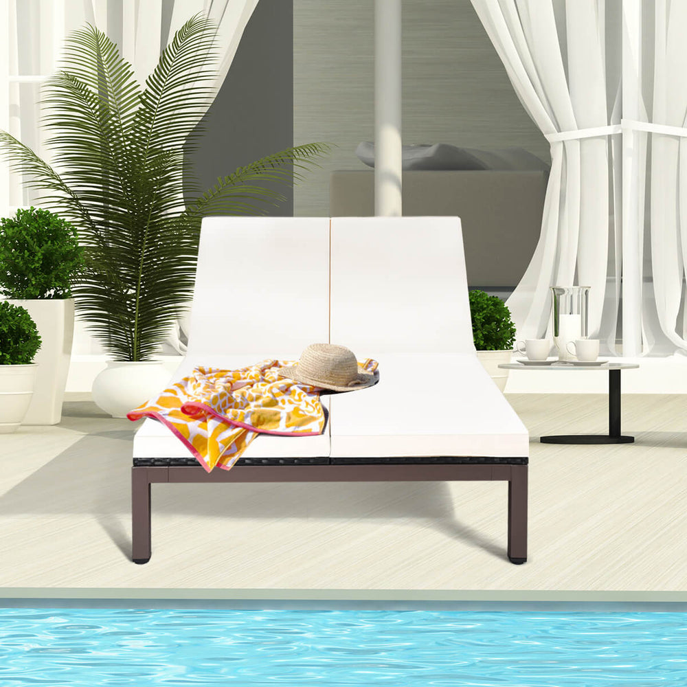 Adjustable backrest 2-person patio lounge chair in white with soft cushion, perfect for poolside relaxation.